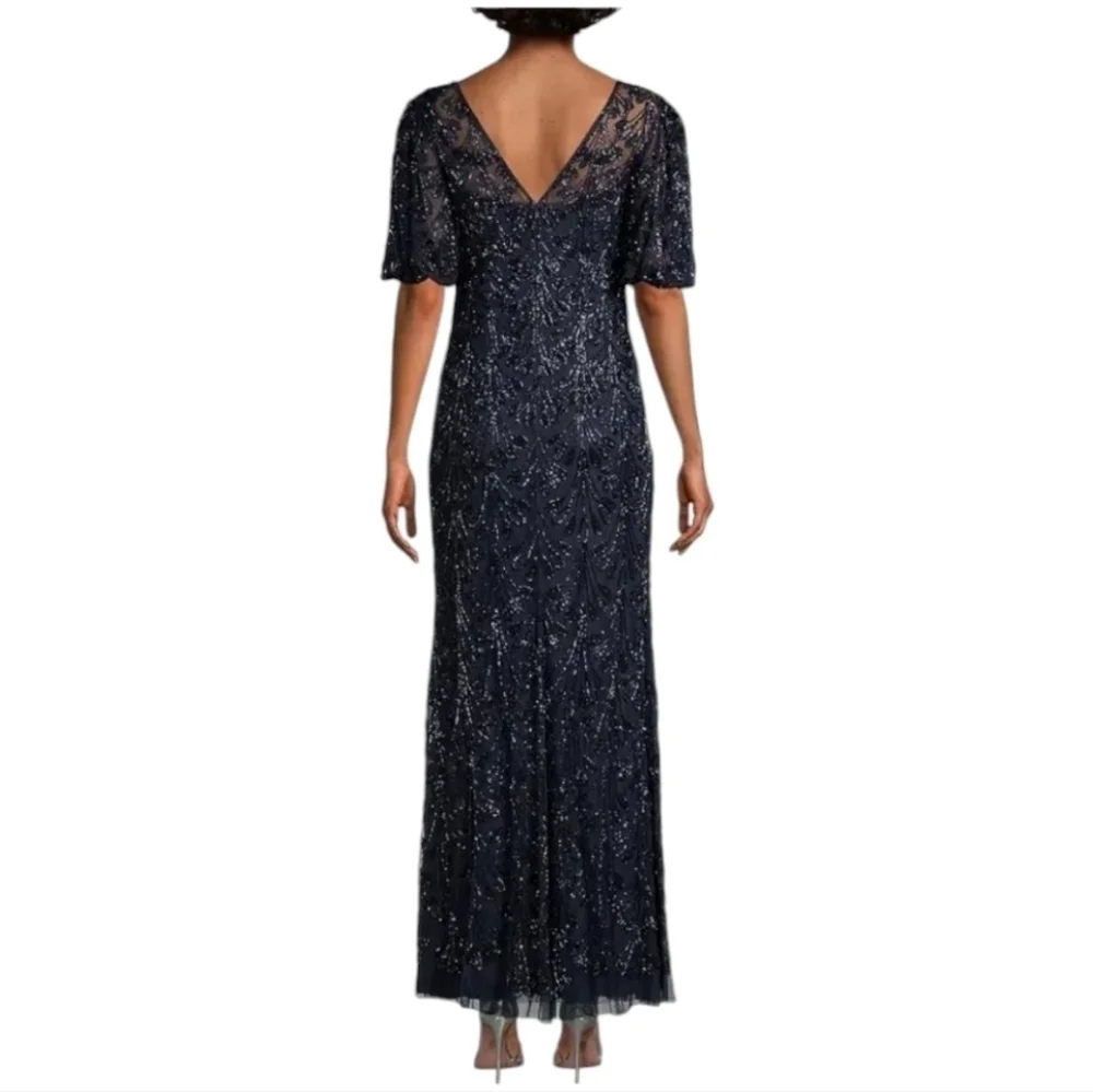 Aidan Mattox $550 NWT Beaded V-Neck Sheath Evening Gown Navy Blue, size 6 - Picture 4 of 13